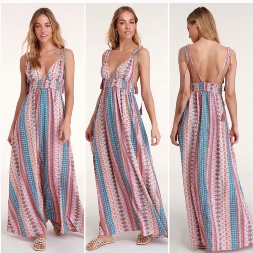 ❤️2/$30❤️ Maxin' Relaxin' Blue Multi Print Sleeveless Tie-Strap Maxi Dress